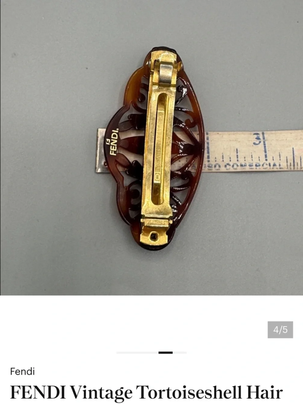 Fendi Vintage Tortoiseshell FF Logo Barrette Hair Clip Designer Italy